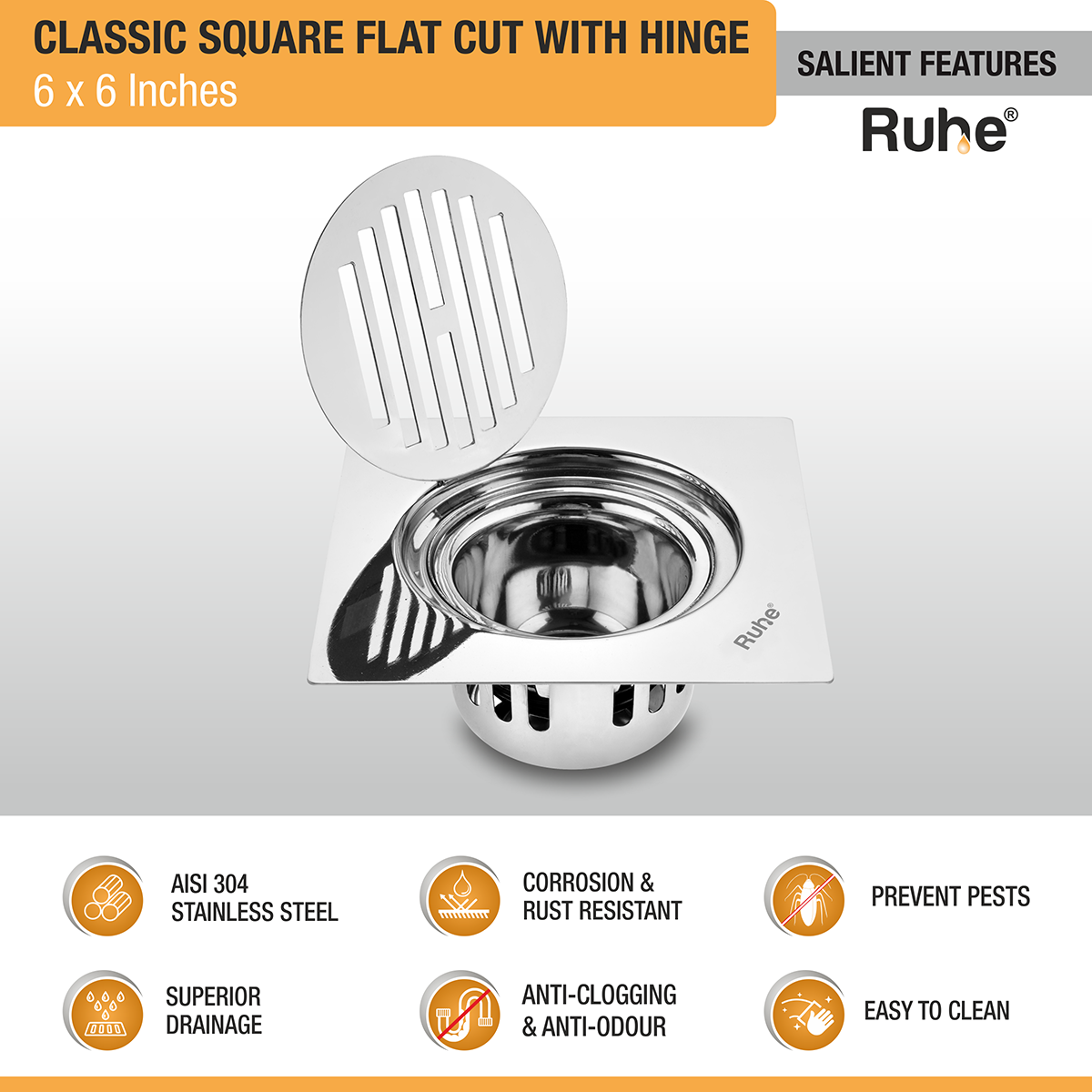 Classic Square Flat Cut Floor Drain (6 x 6 Inches) with Hinge & Cockroach Trap (304 Grade) features