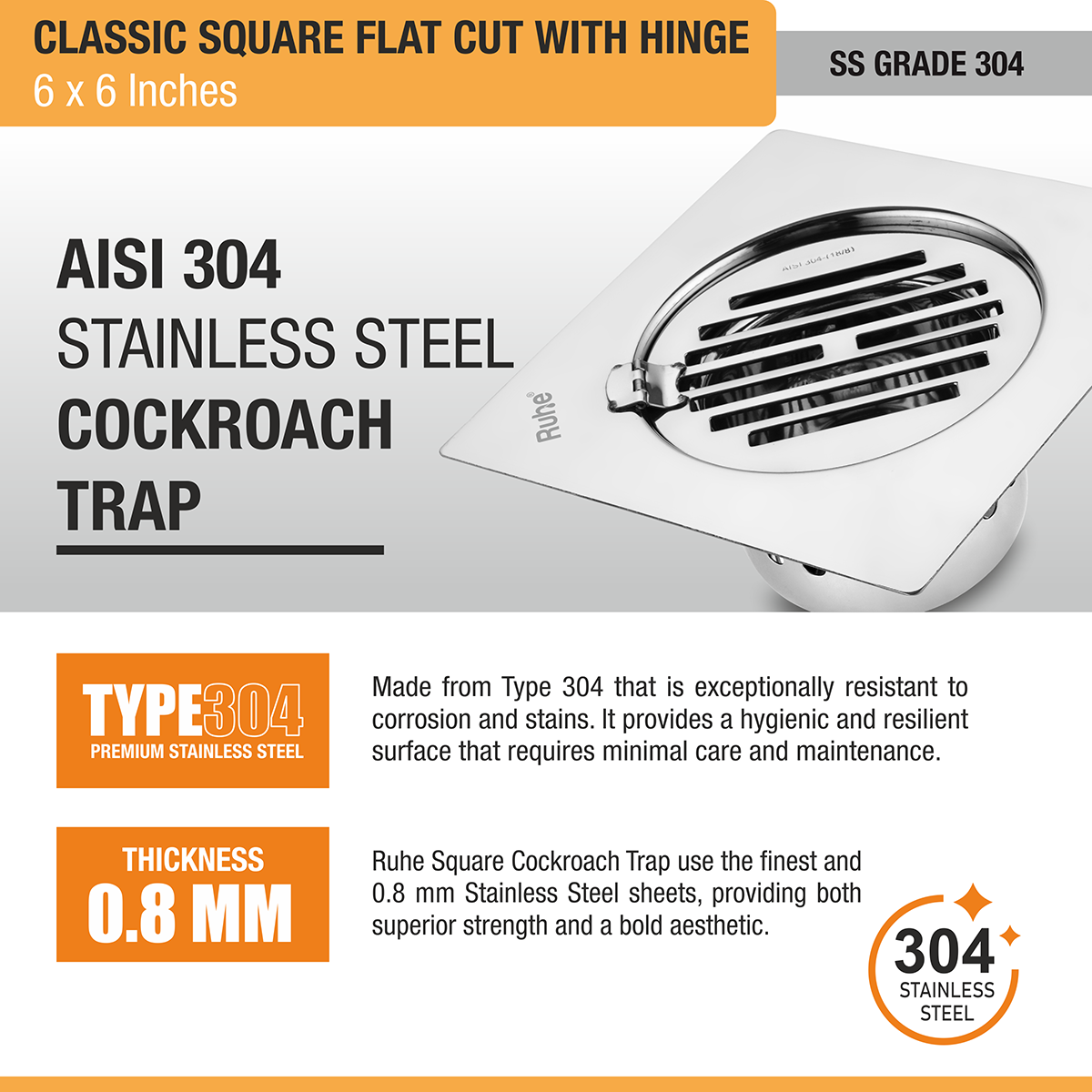 Classic Square Flat Cut Floor Drain (6 x 6 Inches) with Hinge & Cockroach Trap (304 Grade) stainless steel