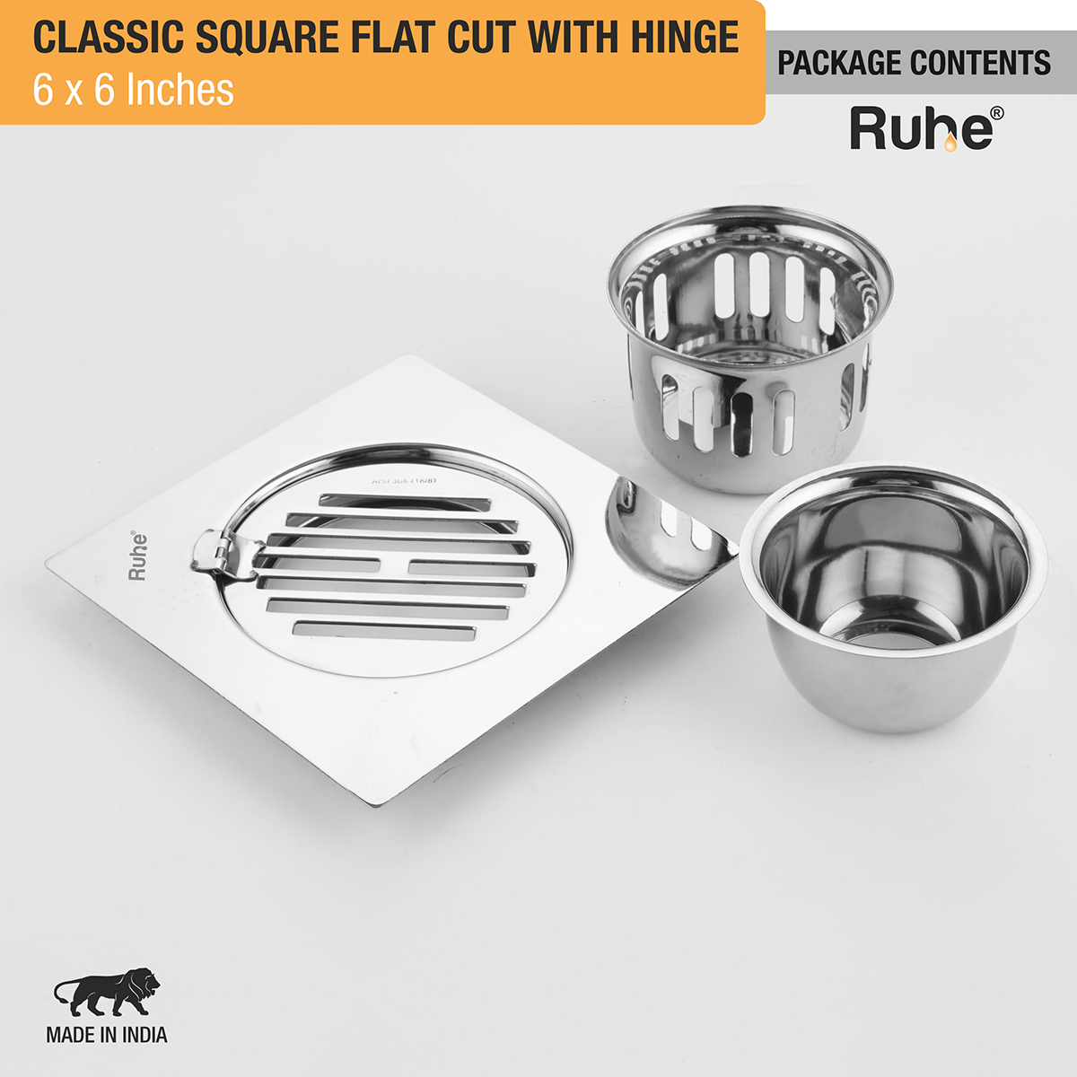 Classic Square Flat Cut Floor Drain (6 x 6 Inches) with Hinge & Cockroach Trap (304 Grade) package content