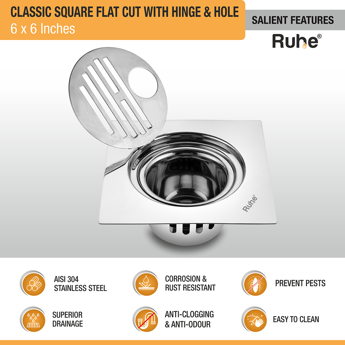 Classic Square Flat Cut Floor Drain (6 x 6 Inches) with Hinge, Hole and Cockroach Trap (304 Grade) features