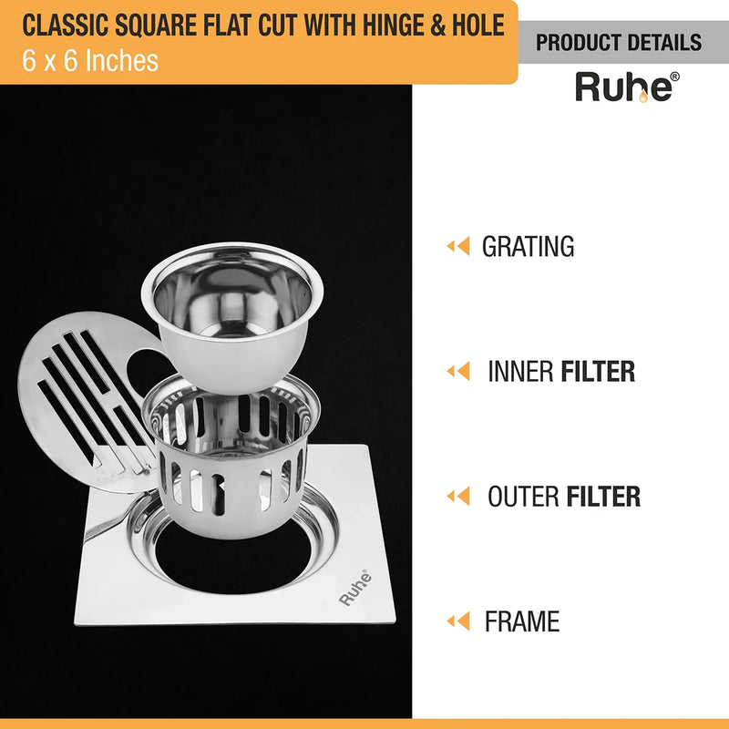 Classic Square Flat Cut 304-Grade Floor Drain with Hinge, Hole & Cockroach Trap (6 x 6 Inches) - by Ruhe