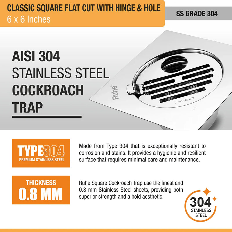 Classic Square Flat Cut 304-Grade Floor Drain with Hinge, Hole & Cockroach Trap (6 x 6 Inches) - by Ruhe