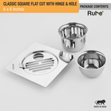 Classic Square Flat Cut Floor Drain (6 x 6 Inches) with Hinge, Hole and Cockroach Trap (304 Grade) package content