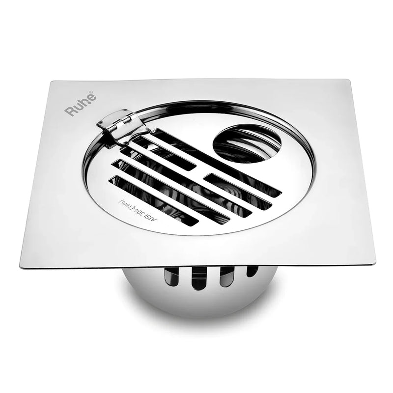 Classic Square Flat Cut 304-Grade Floor Drain with Hinge, Hole & Cockroach Trap (6 x 6 Inches) - by Ruhe