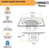 Classic Square Floor Drain (5 x 5 Inches) with Hinge & Cockroach Trap (304 Grade) dimensions and size