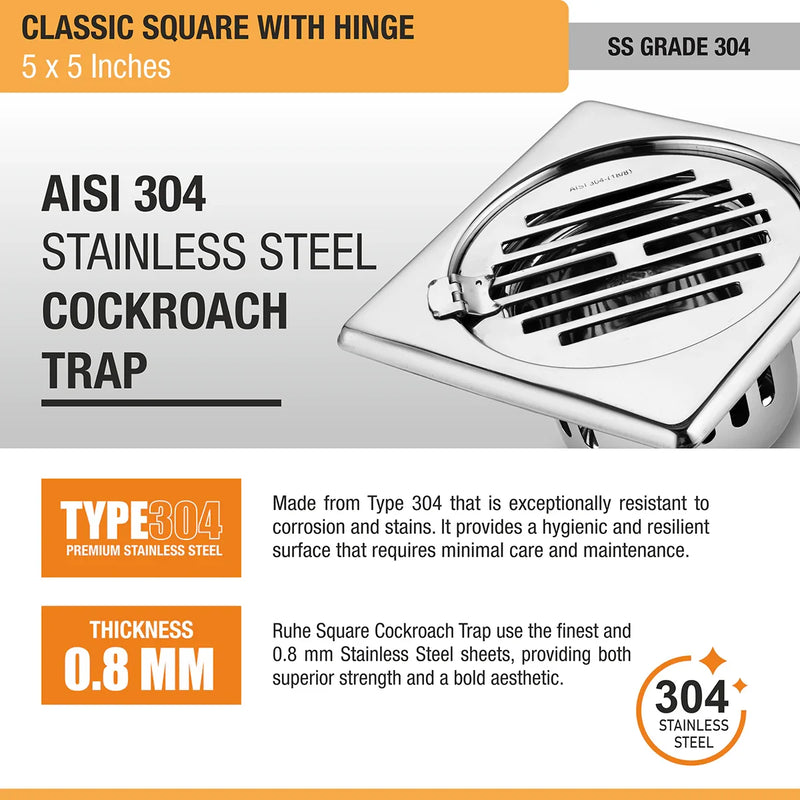 Classic Square 304-Grade Floor Drain with Collar, Hinge & Cockroach Trap (5 x 5 Inches) - by Ruhe