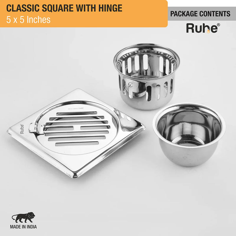 Classic Square 304-Grade Floor Drain with Collar, Hinge & Cockroach Trap (5 x 5 Inches) - by Ruhe