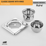 Classic Square Floor Drain (5 x 5 Inches) with Hinge & Cockroach Trap (304 Grade) package content
