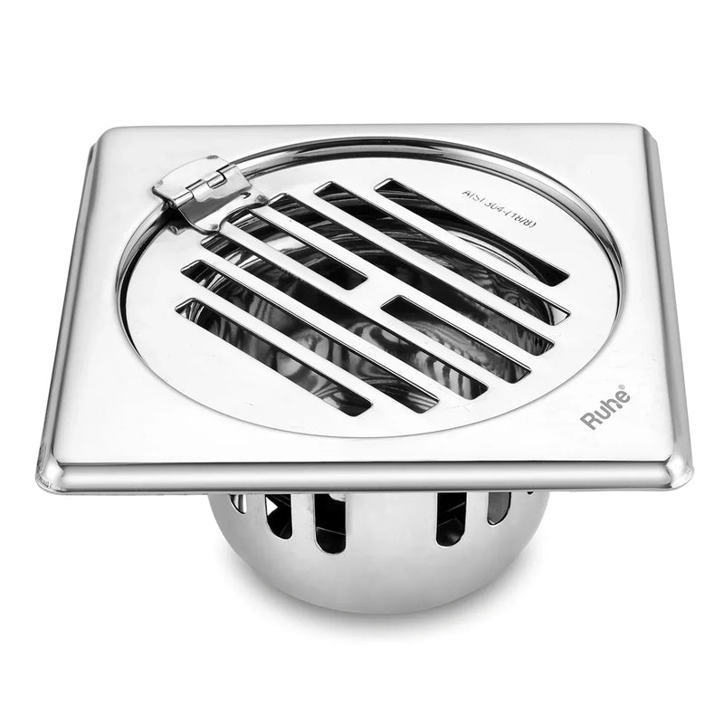 Classic Square 304-Grade Floor Drain with Collar, Hinge & Cockroach Trap (5 x 5 Inches) - by Ruhe