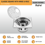 Classic Square Floor Drain (5 x 5 Inches) with Hinge, Hole & Cockroach Trap (304 Grade) features