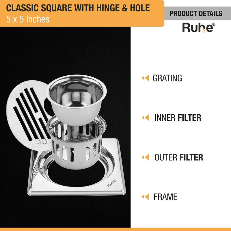 Classic Square 304-Grade Floor Drain with Collar, Hinge, Hole & Cockroach Trap (5 x 5 Inches) - by Ruhe