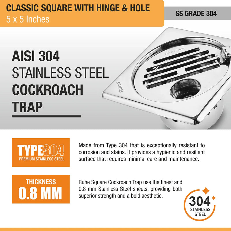 Classic Square 304-Grade Floor Drain with Collar, Hinge, Hole & Cockroach Trap (5 x 5 Inches) - by Ruhe