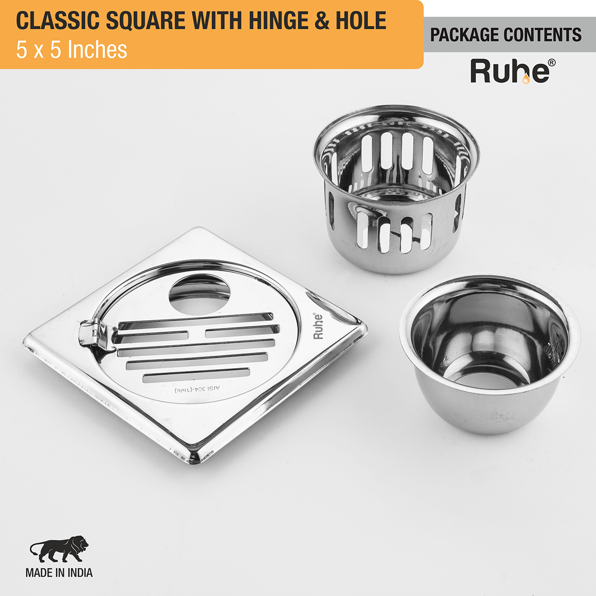 Classic Square Floor Drain (5 x 5 Inches) with Hinge, Hole & Cockroach Trap (304 Grade) package content