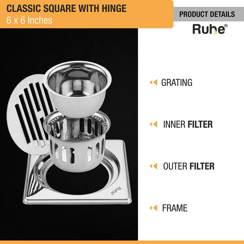 Classic Square 304-Grade Floor Drain with Collar, Hinge & Cockroach Trap (6 x 6 Inches) - by Ruhe