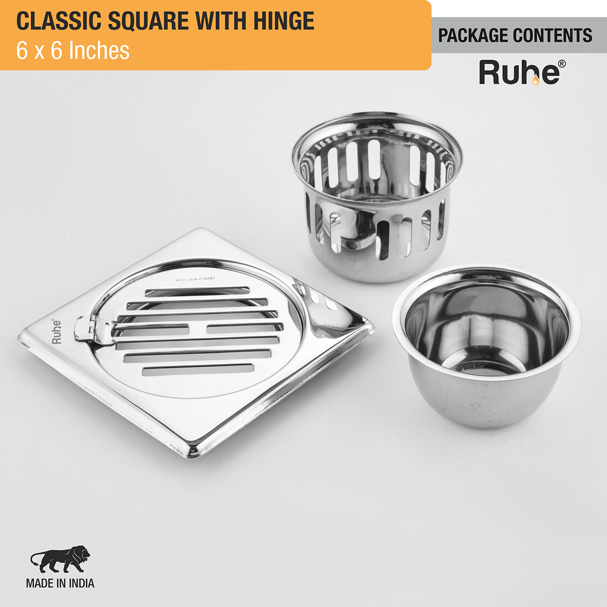 Classic Square Floor Drain (6 x 6 Inches) with Hinge & Cockroach Trap (304 Grade) package content