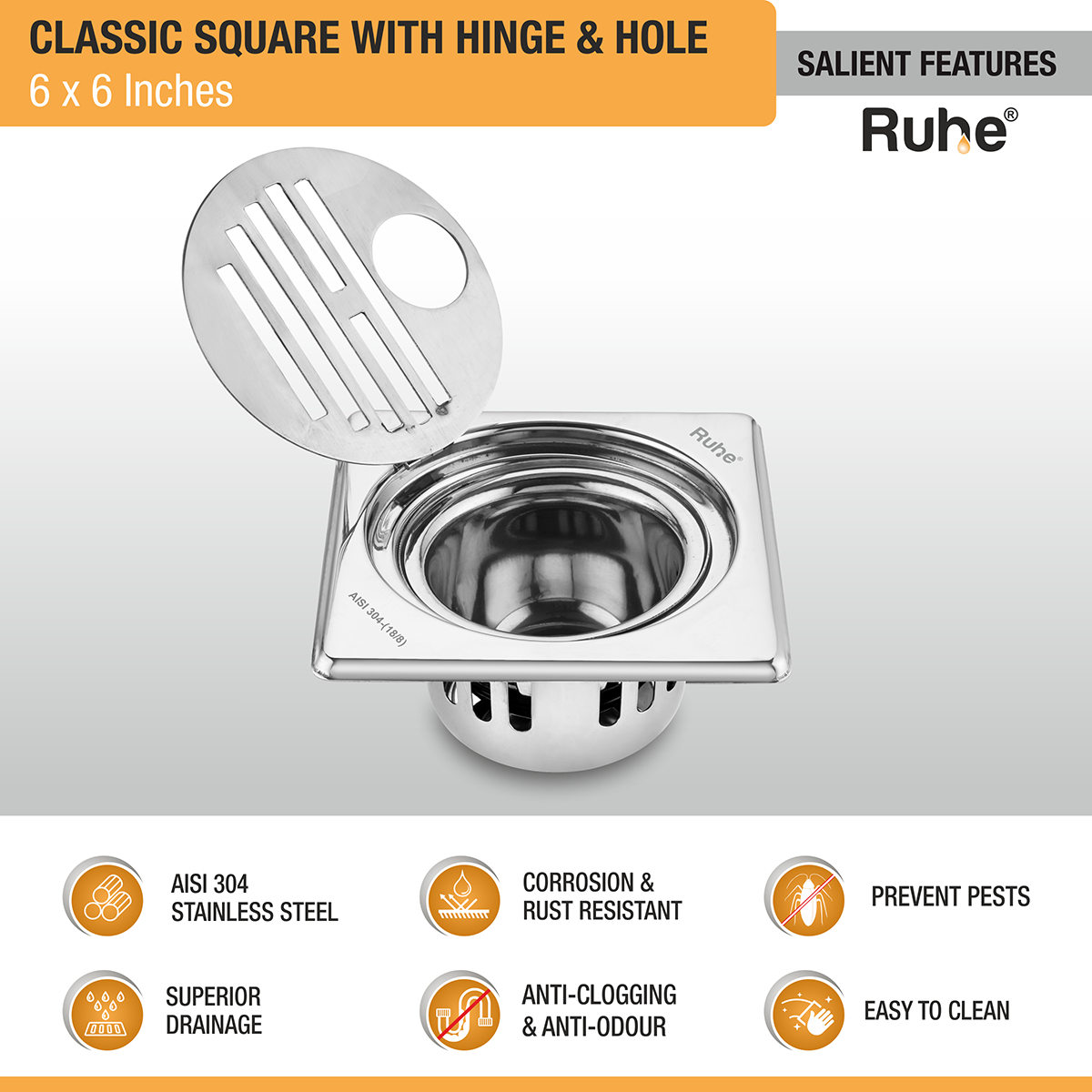 Classic Square Floor Drain (6 x 6 Inches) with Hinge, Hole & Cockroach Trap (304 Grade) features