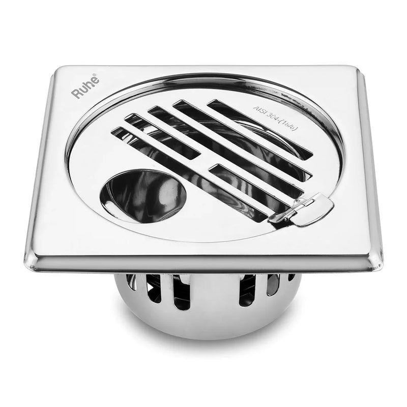 Classic Square 304-Grade Floor Drain with Collar, Hinge, Hole & Cockroach Trap (6 x 6 Inches) - by Ruhe