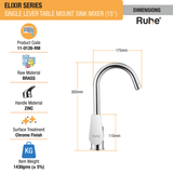 Elixir Single Lever Table Mount Sink Mixer with Medium Round Swivel Spout Faucet dimensiions and size