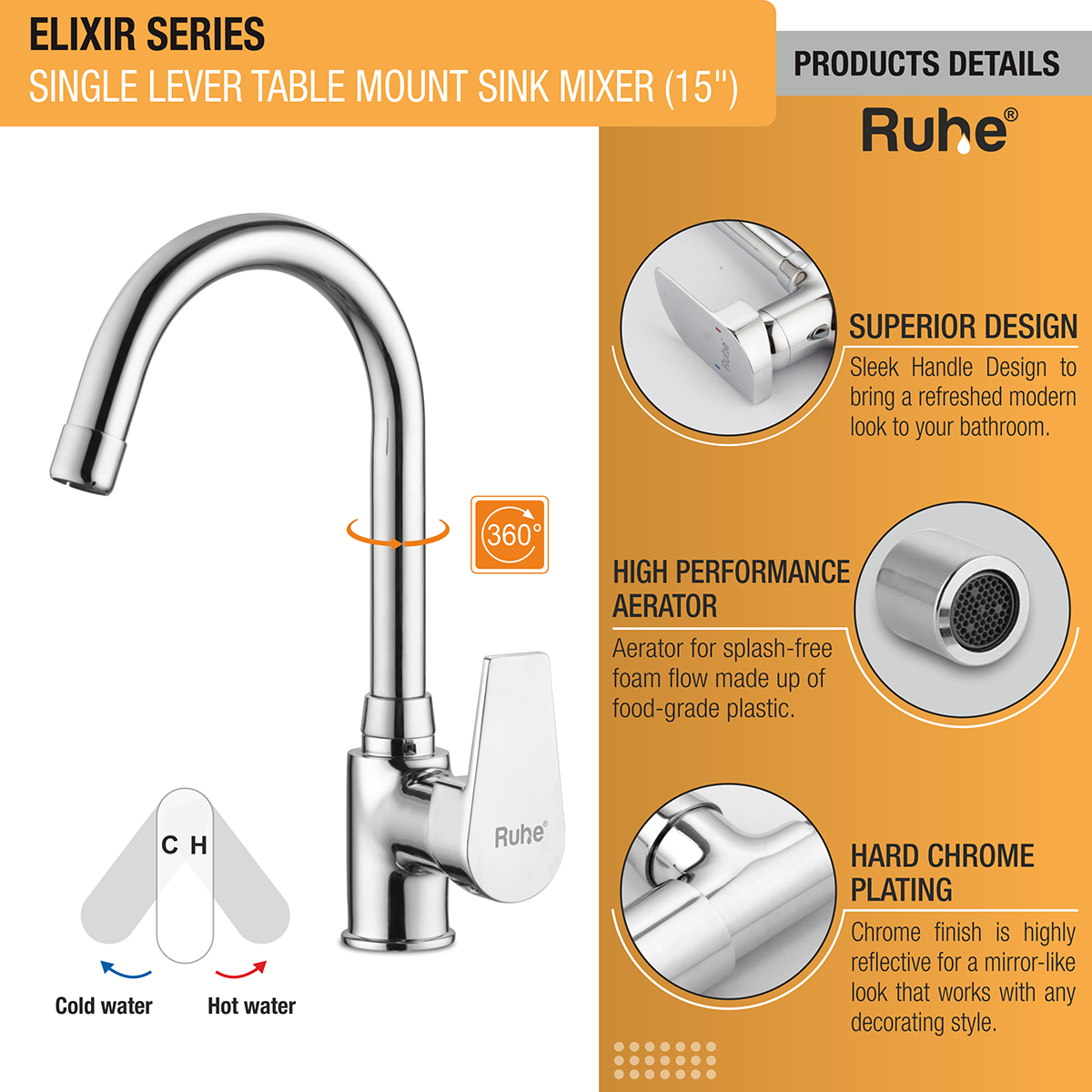 Elixir Single Lever Table Mount Sink Mixer with Medium Round Swivel Spout Faucet product detail