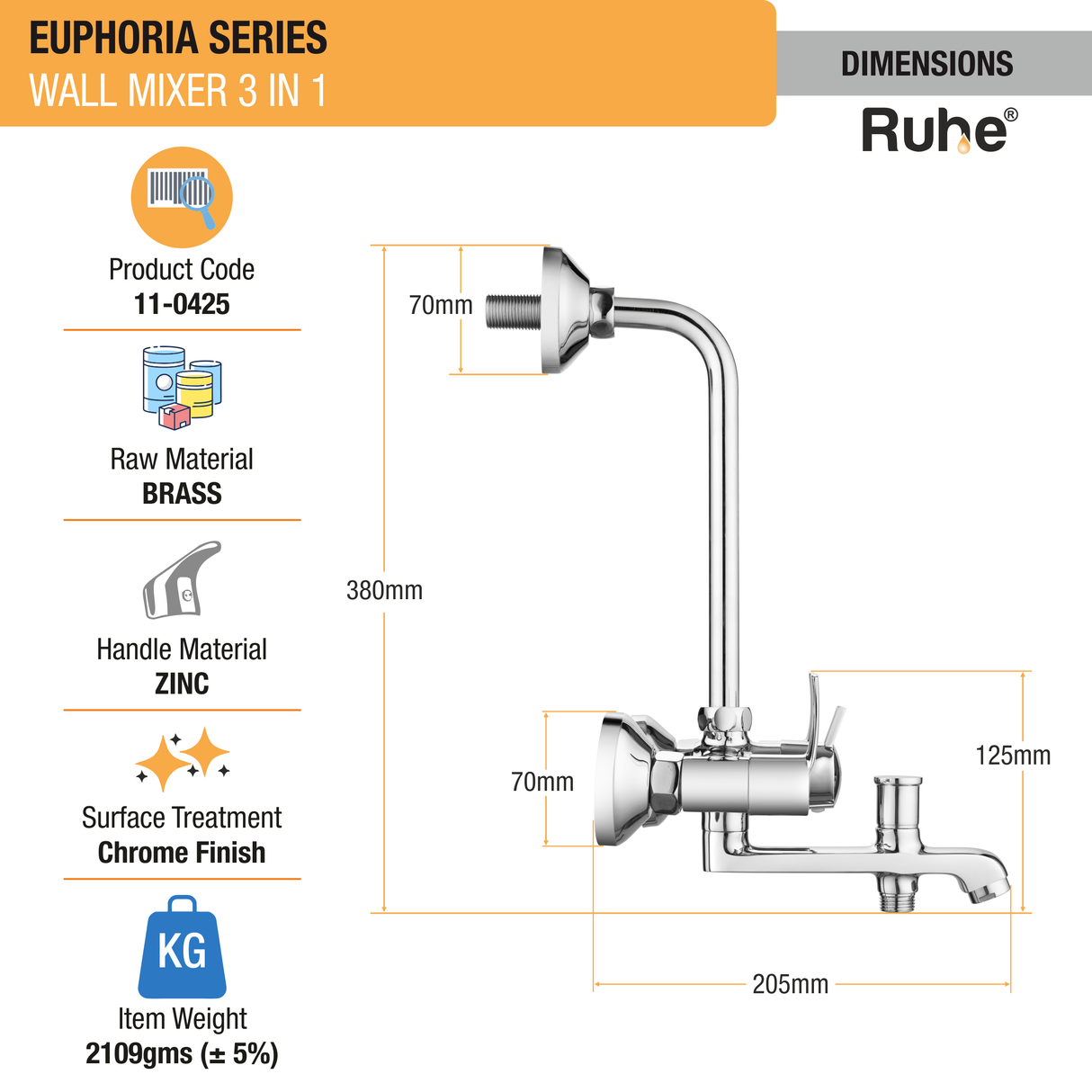 Euphoria 3-in-1 Wall Mixer Tap - by Ruhe