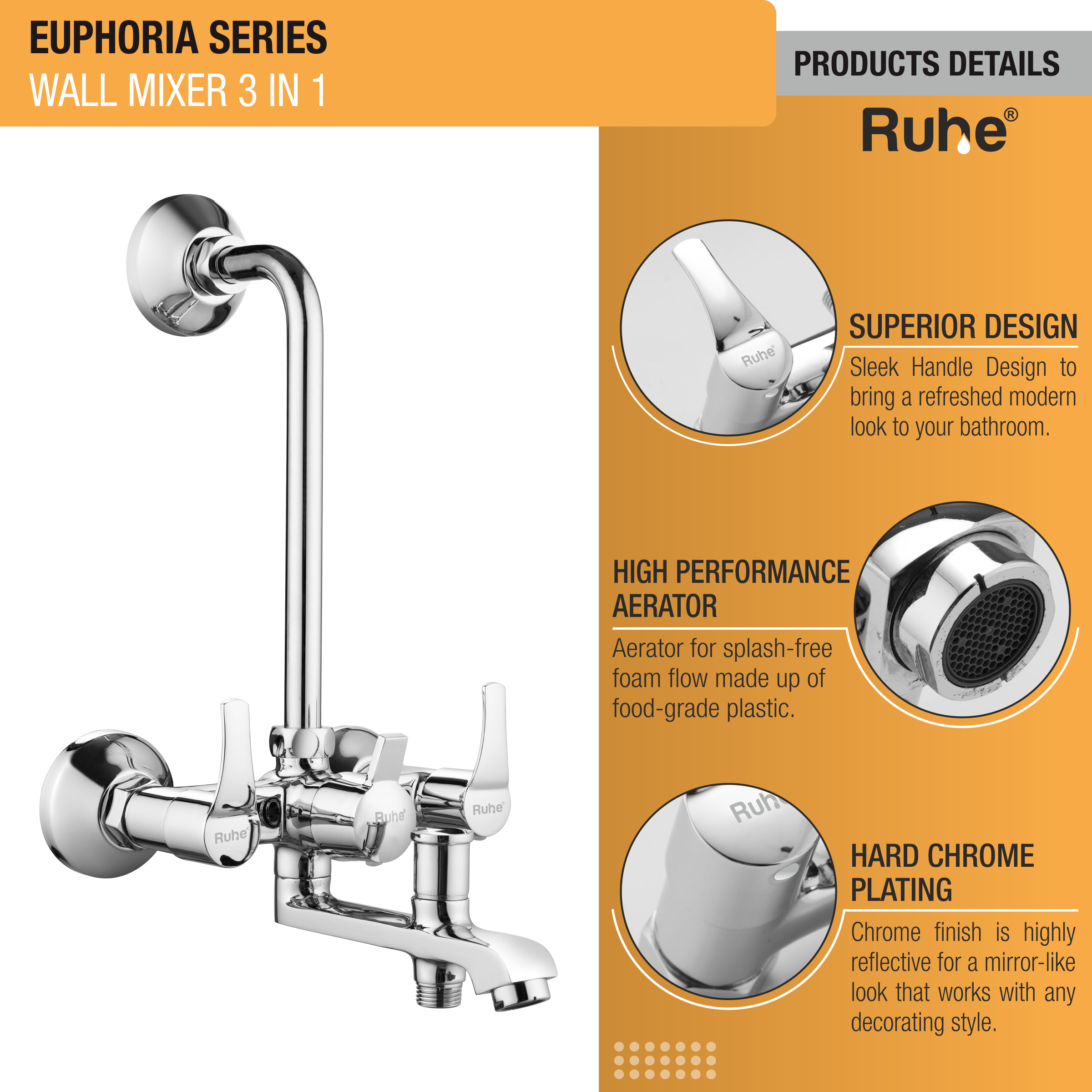 Euphoria Wall Mixer 3 in 1 Faucet details