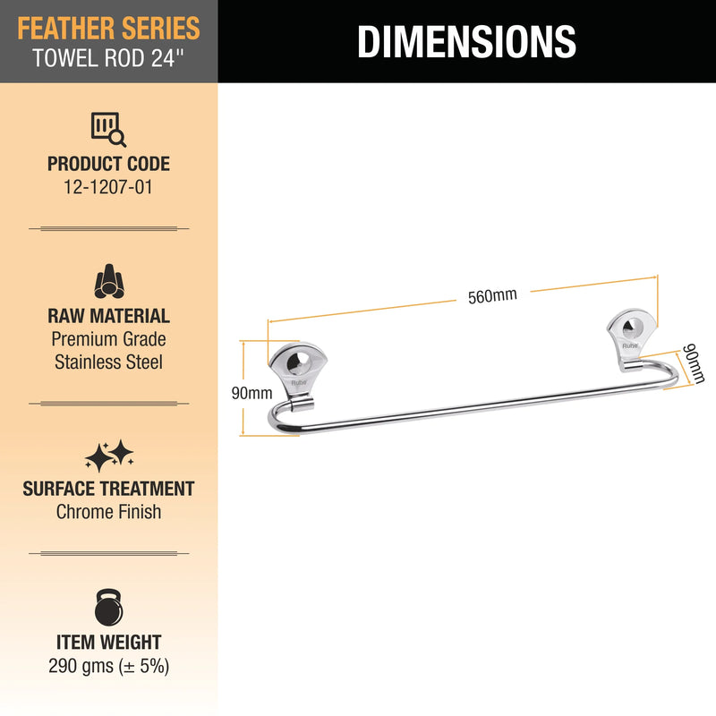 Feather Stainless-Steel Towel Rod (24 inches) - by Ruhe®
