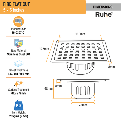 Fire Floor Drain Square Flat Cut (5 x 5) with Cockroach Trap (304 Grade) dimensions and size