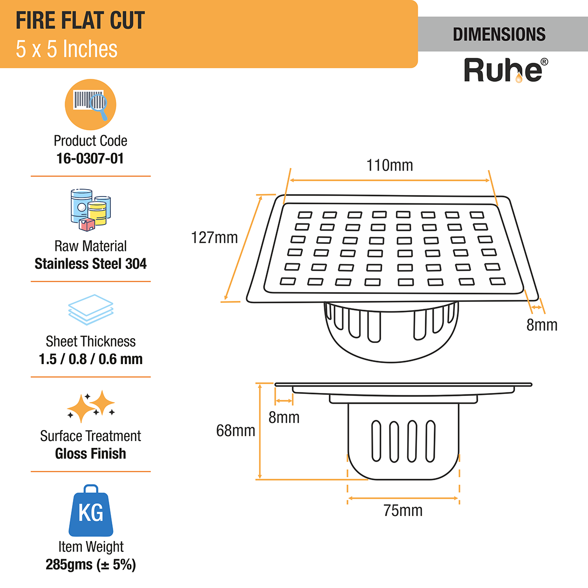 Fire Square 304-Grade Floor Drain with Cockroach Trap (5 x 5 Inches) - by Ruhe