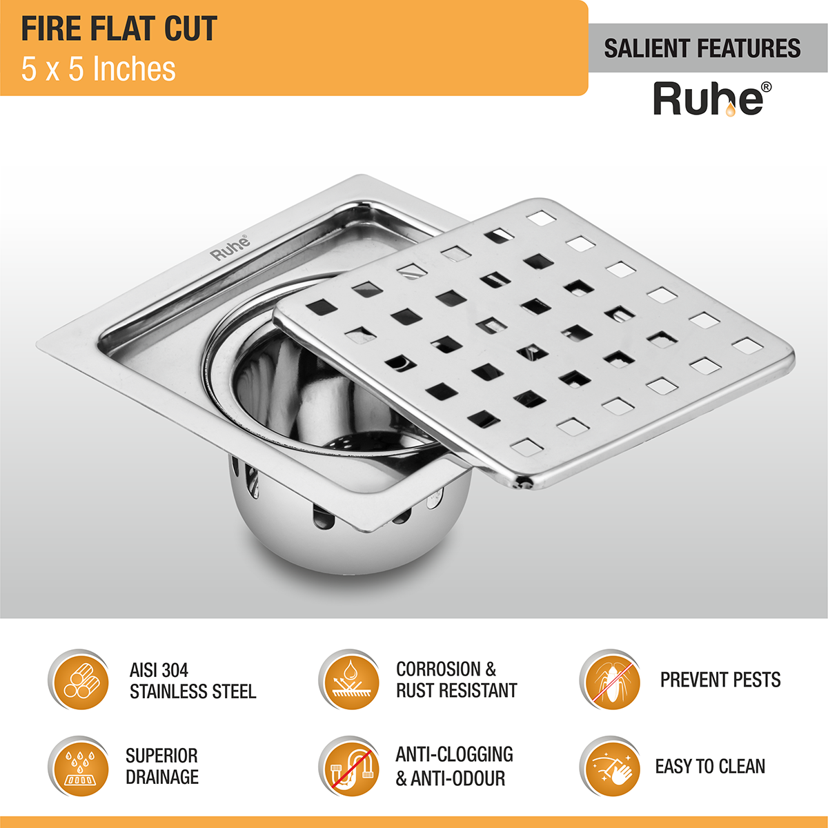 Fire Square 304-Grade Floor Drain with Cockroach Trap (5 x 5 Inches) - by Ruhe