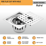 Fire Floor Drain Square Flat Cut (5 x 5 Inches) with Hole and Cockroach Trap (304 Grade) features