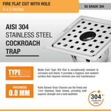 Fire Floor Drain Square Flat Cut (5 x 5 Inches) with Hole and Cockroach Trap (304 Grade) stainless steel