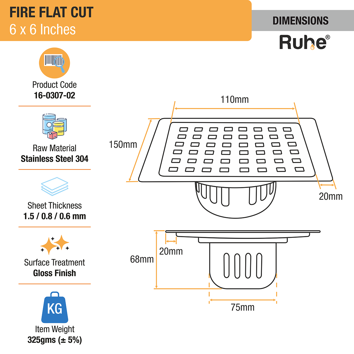 Fire Square 304-Grade Floor Drain with Cockroach Trap (6 x 6 Inches) - by Ruhe