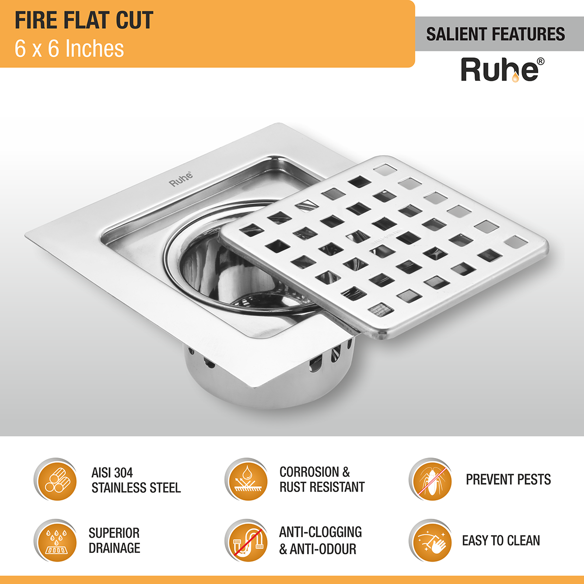 Fire Square 304-Grade Floor Drain with Cockroach Trap (6 x 6 Inches) - by Ruhe