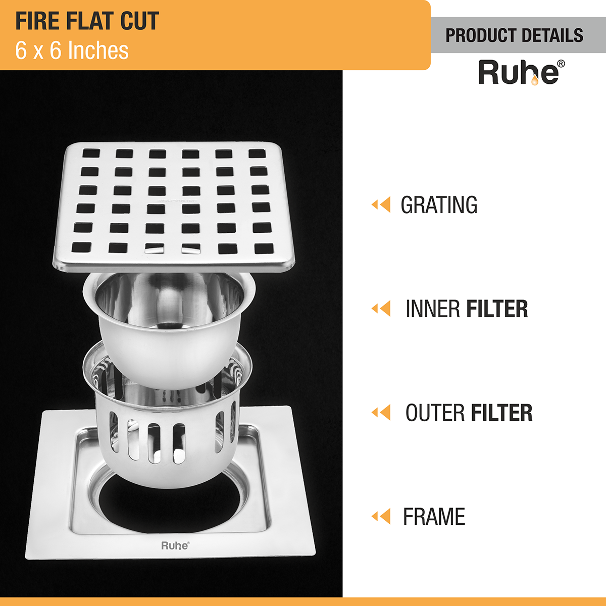 Fire Square 304-Grade Floor Drain with Cockroach Trap (6 x 6 Inches) - by Ruhe