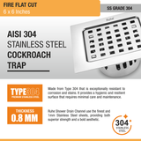 Fire Floor Drain Square Flat Cut (6 x 6 Inches) with Cockroach Trap (304 Grade) stainless steel