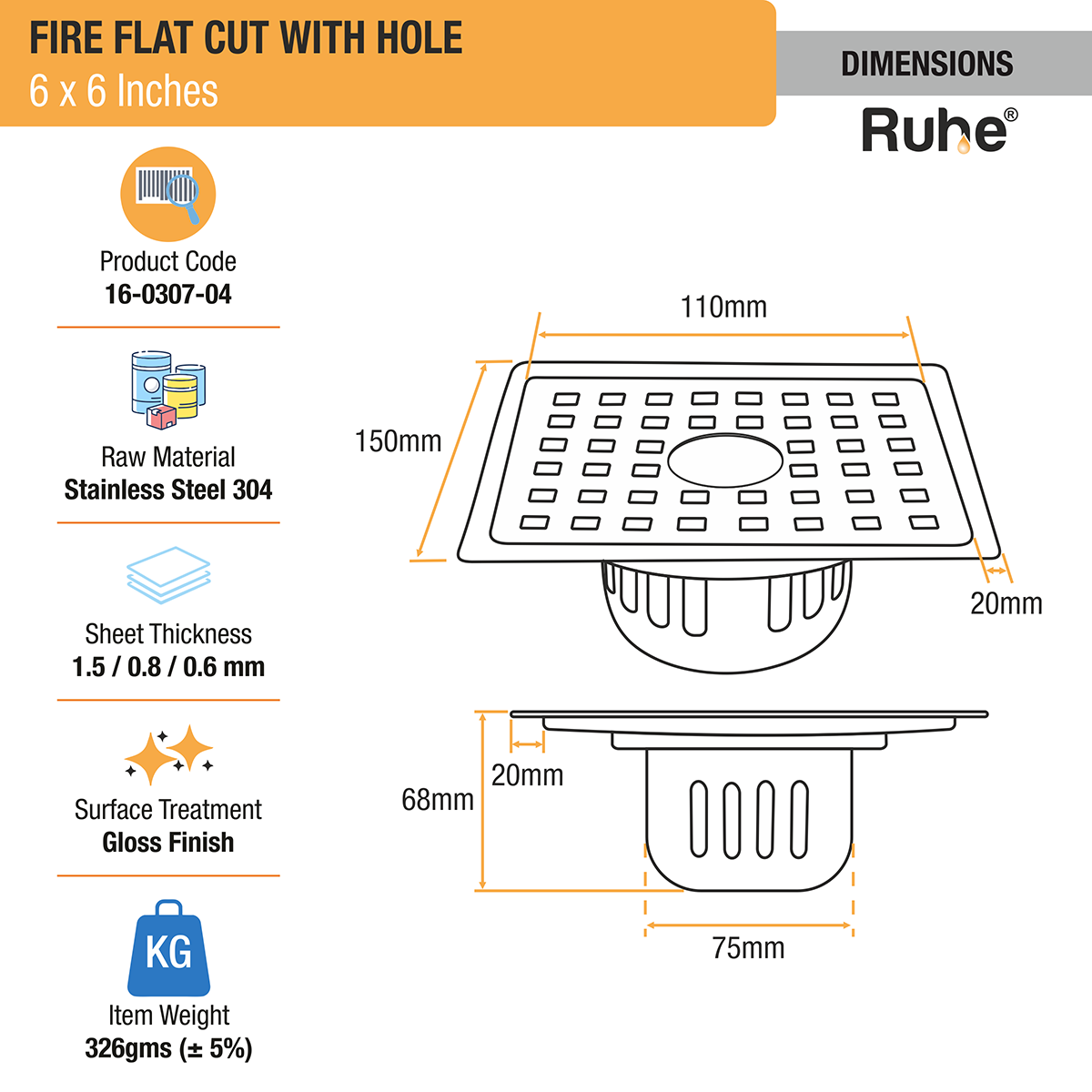 Fire Square 304-Grade Floor Drain with Hole & Cockroach Trap (6 x 6 Inches) - by Ruhe