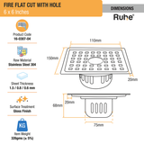 Fire Floor Drain Square Flat Cut (6 x 6 Inches) with Hole and Cockroach Trap (304 Grade) dimensions and size