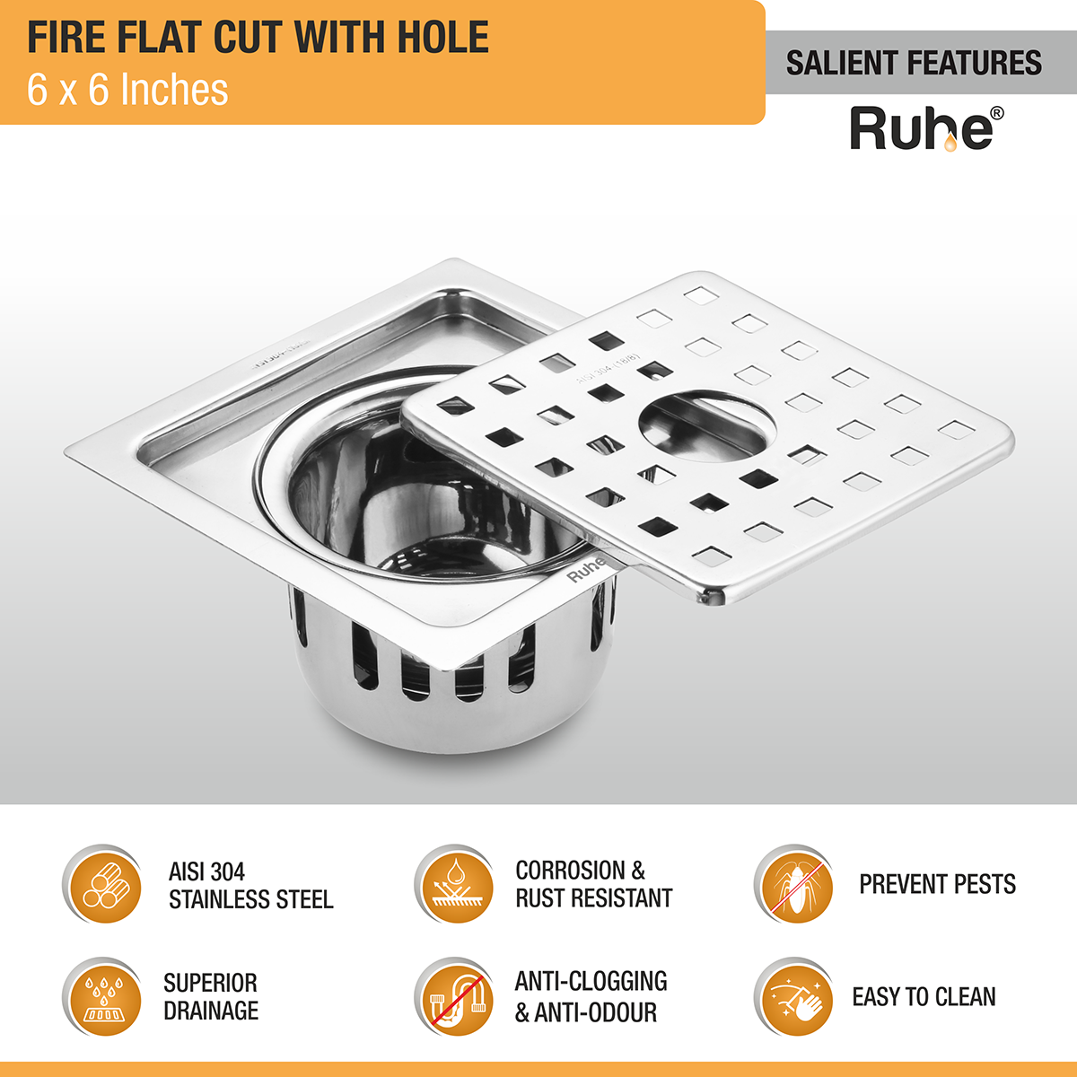 Fire Square 304-Grade Floor Drain with Hole & Cockroach Trap (6 x 6 Inches) - by Ruhe