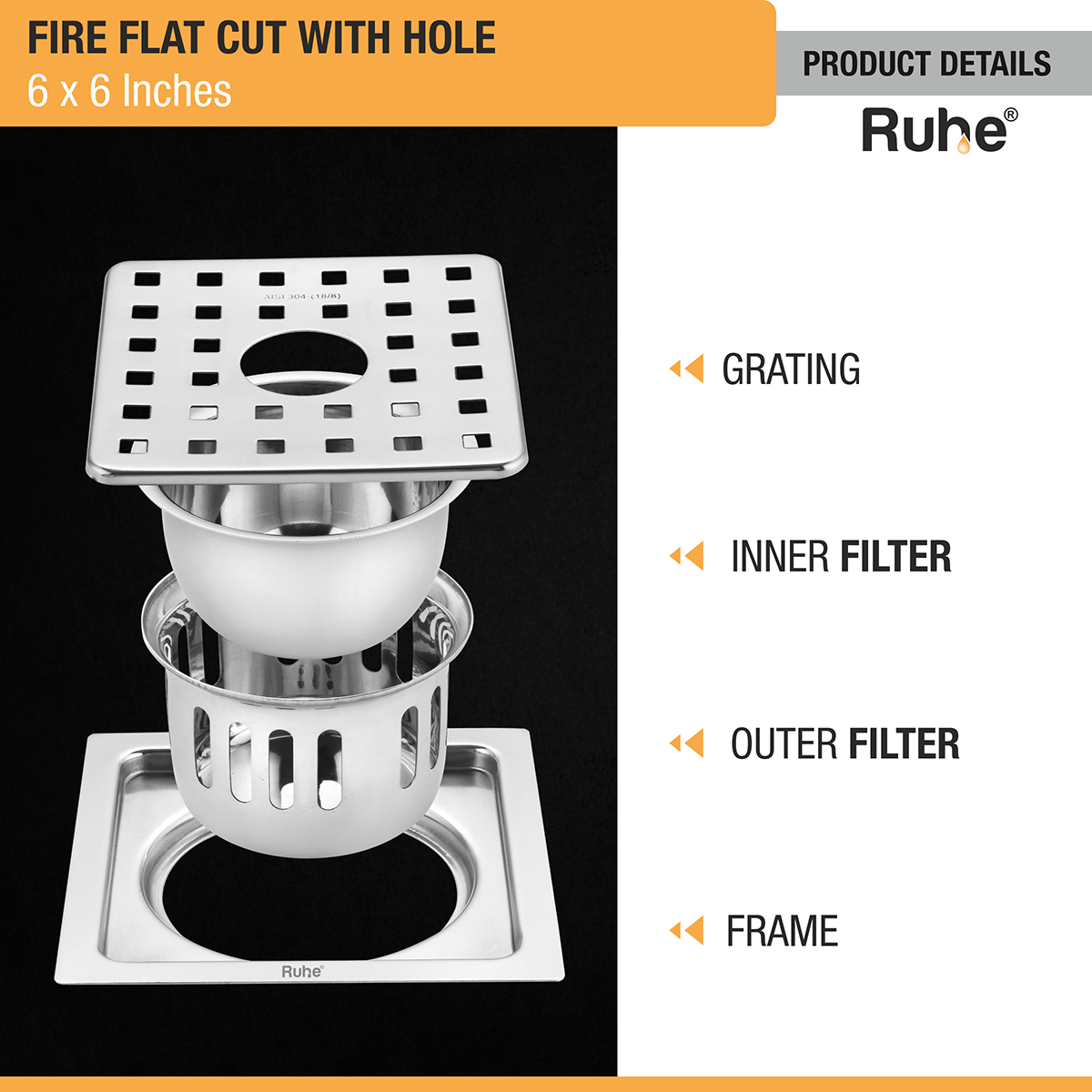 Fire Square 304-Grade Floor Drain with Hole & Cockroach Trap (6 x 6 Inches) - by Ruhe