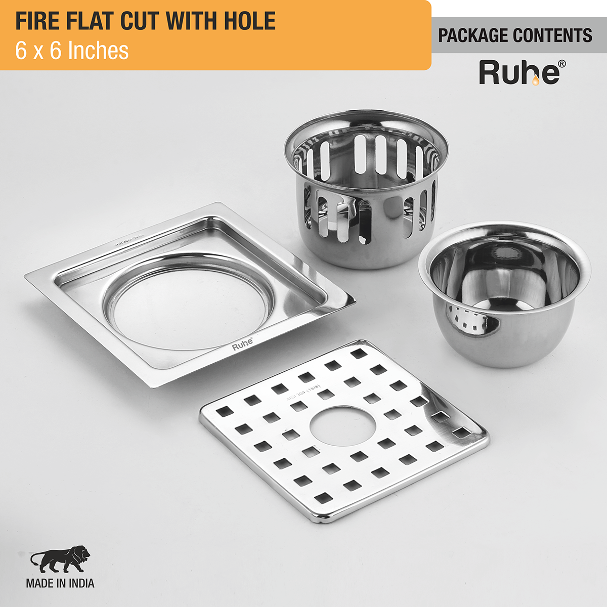 Fire Square 304-Grade Floor Drain with Hole & Cockroach Trap (6 x 6 Inches) - by Ruhe