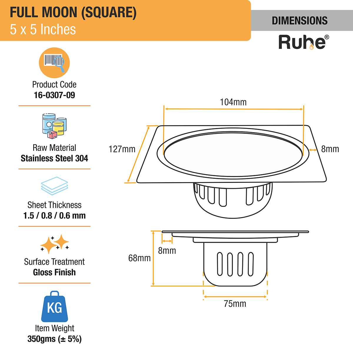 Full Moon Square 304-Grade Floor Drain with Cockroach Trap (5 x 5 Inches) - by Ruhe