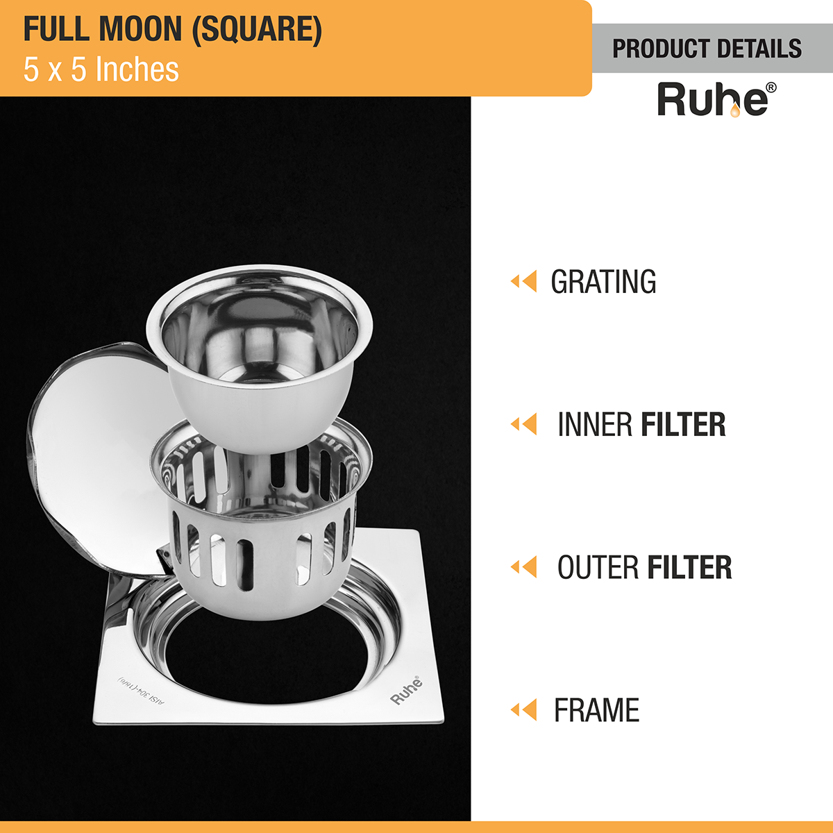 Full Moon Square 304-Grade Floor Drain with Cockroach Trap (5 x 5 Inches) - by Ruhe