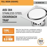 Full Moon Floor Drain Square (5 x 5 Inches) with Cockroach Trap (304 Grade) stainless steel