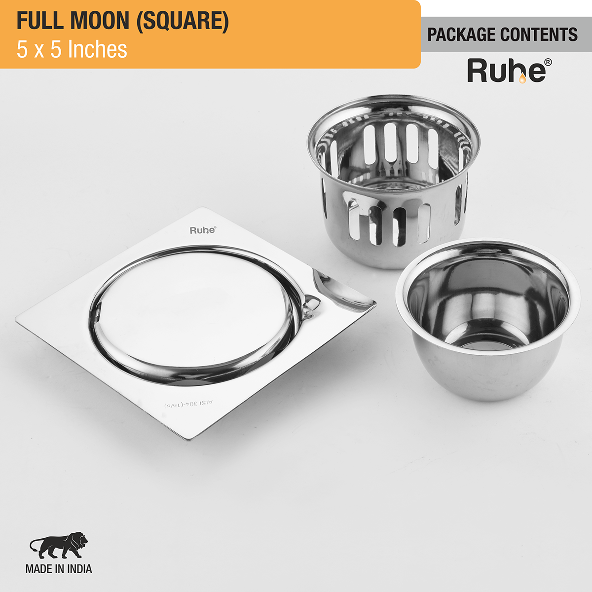 Full Moon Square 304-Grade Floor Drain with Cockroach Trap (5 x 5 Inches) - by Ruhe