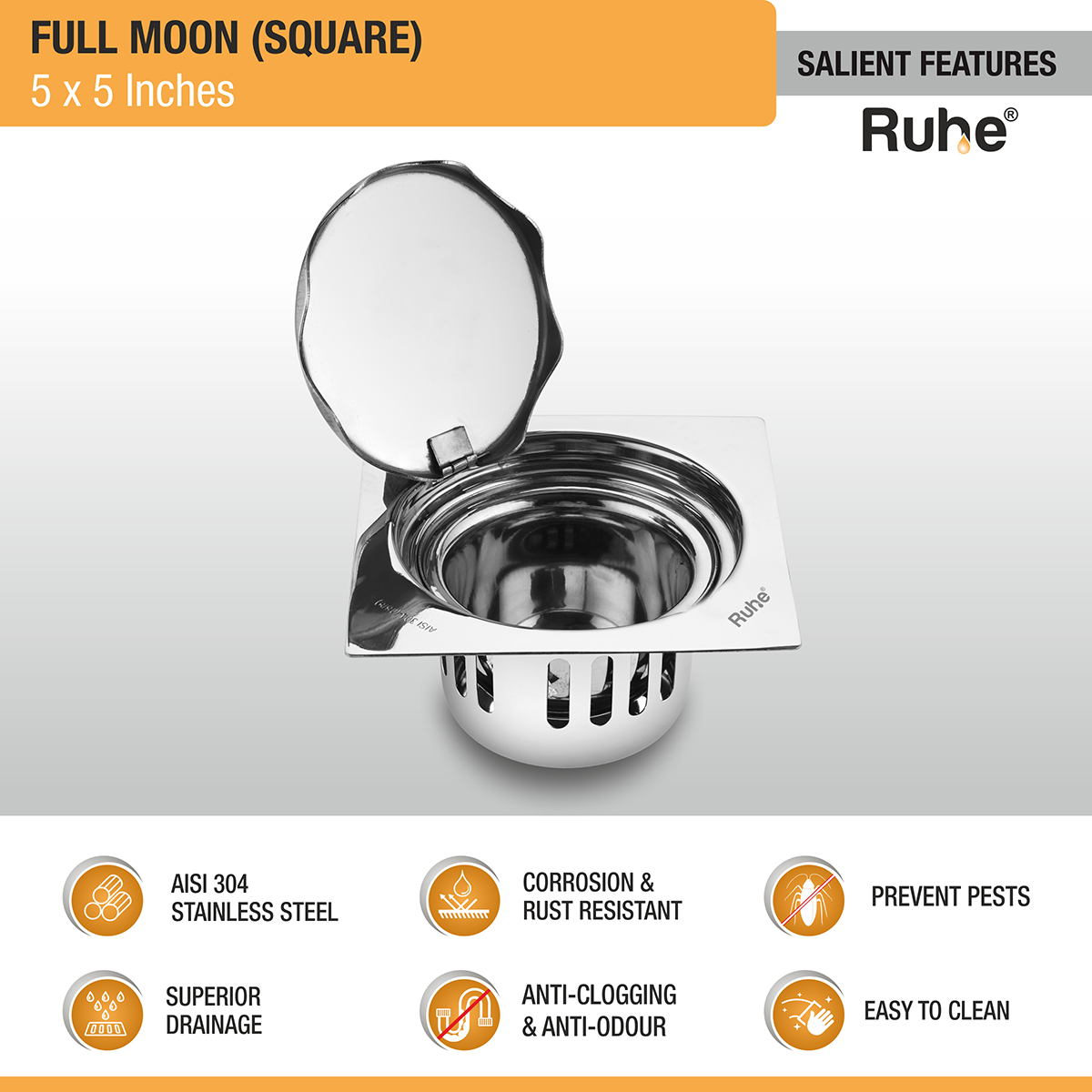 Full Moon Square 304-Grade Floor Drain with Cockroach Trap (5 x 5 Inches) - by Ruhe