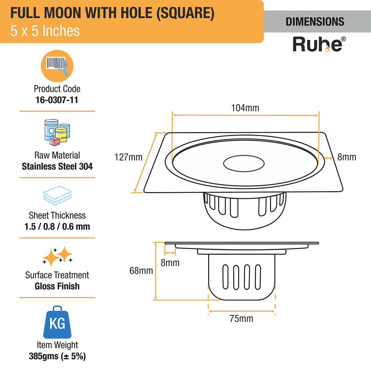 Full Moon Square 304-Grade Floor Drain with Hole &  Cockroach Trap (5 x 5 Inches) - by Ruhe