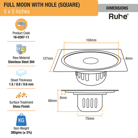 Full Moon Floor Drain Square (5 x 5 Inches) with Hole & Cockroach Trap (304 Grade) dimensions and size