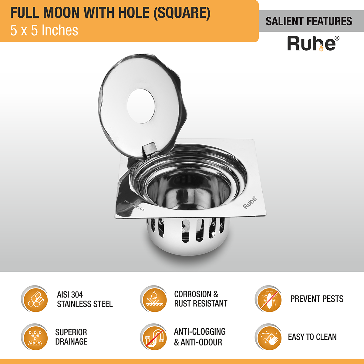 Full Moon Square 304-Grade Floor Drain with Hole &  Cockroach Trap (5 x 5 Inches) - by Ruhe