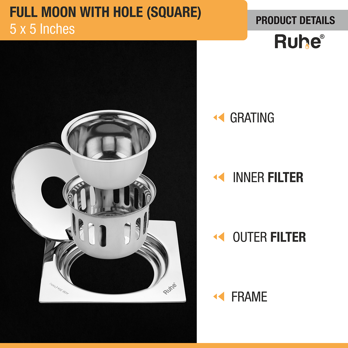 Full Moon Square 304-Grade Floor Drain with Hole &  Cockroach Trap (5 x 5 Inches) - by Ruhe