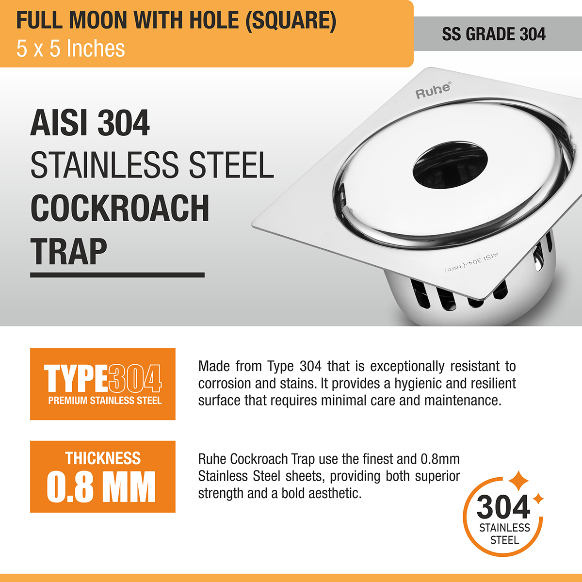 Full Moon Square 304-Grade Floor Drain with Hole &  Cockroach Trap (5 x 5 Inches) - by Ruhe